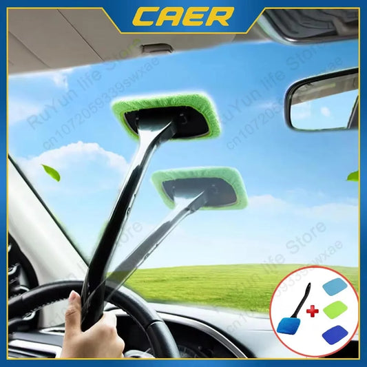 Microfiber Car Window Cleaner - Long Handle, Reusable Cloth Pad