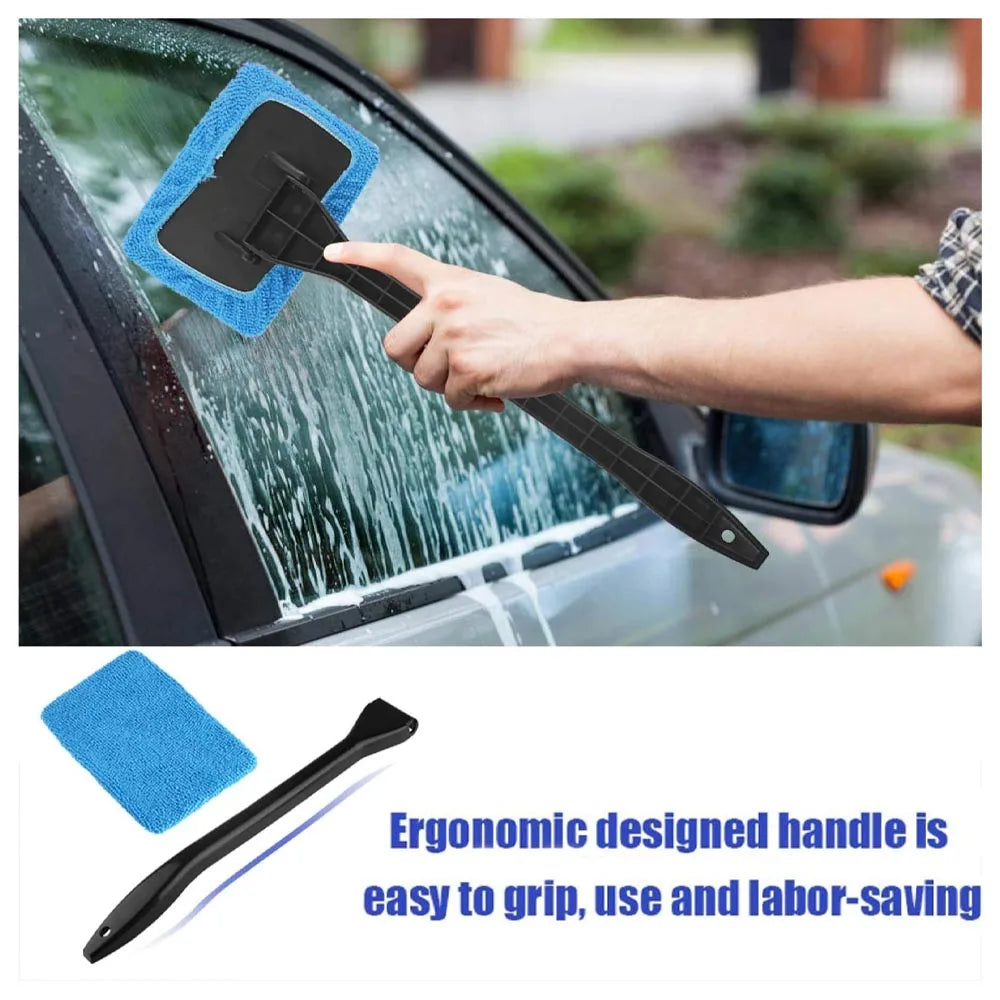 Microfiber Car Window Cleaner - Long Handle, Reusable Cloth Pad