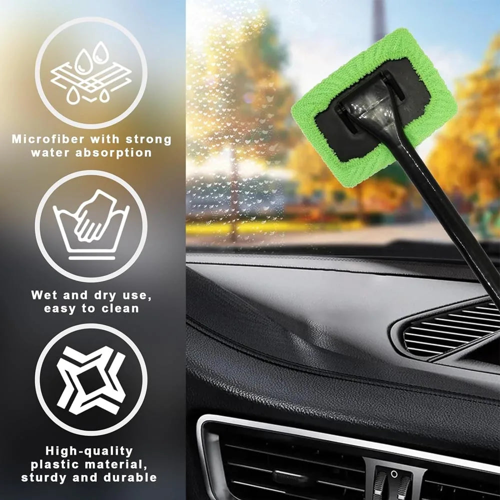 Microfiber Car Window Cleaner - Long Handle, Reusable Cloth Pad