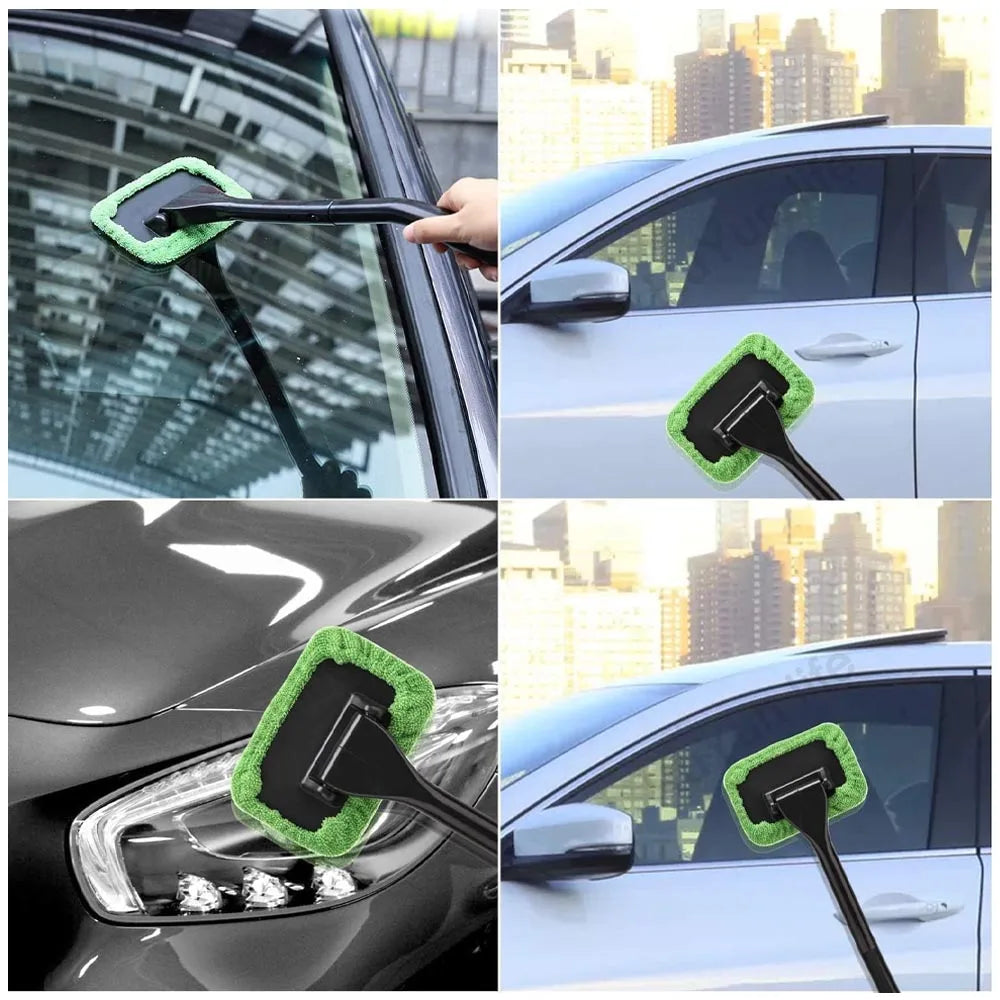 Microfiber Car Window Cleaner - Long Handle, Reusable Cloth Pad